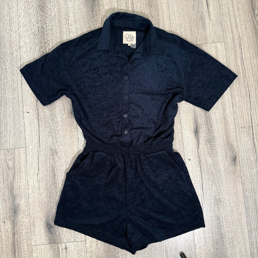 Chaser Terry Cloth Romper Button Up Collared Terry Cloth Navy Blue Size Medium